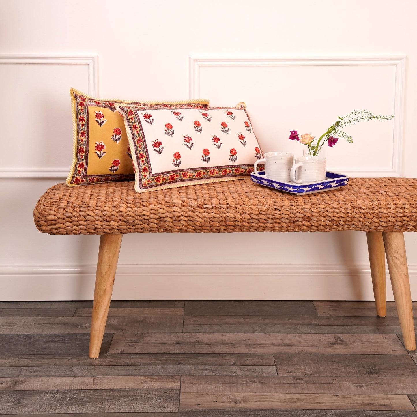 Block printed rectangular Roja Cushion Cover in floral yellows and reds