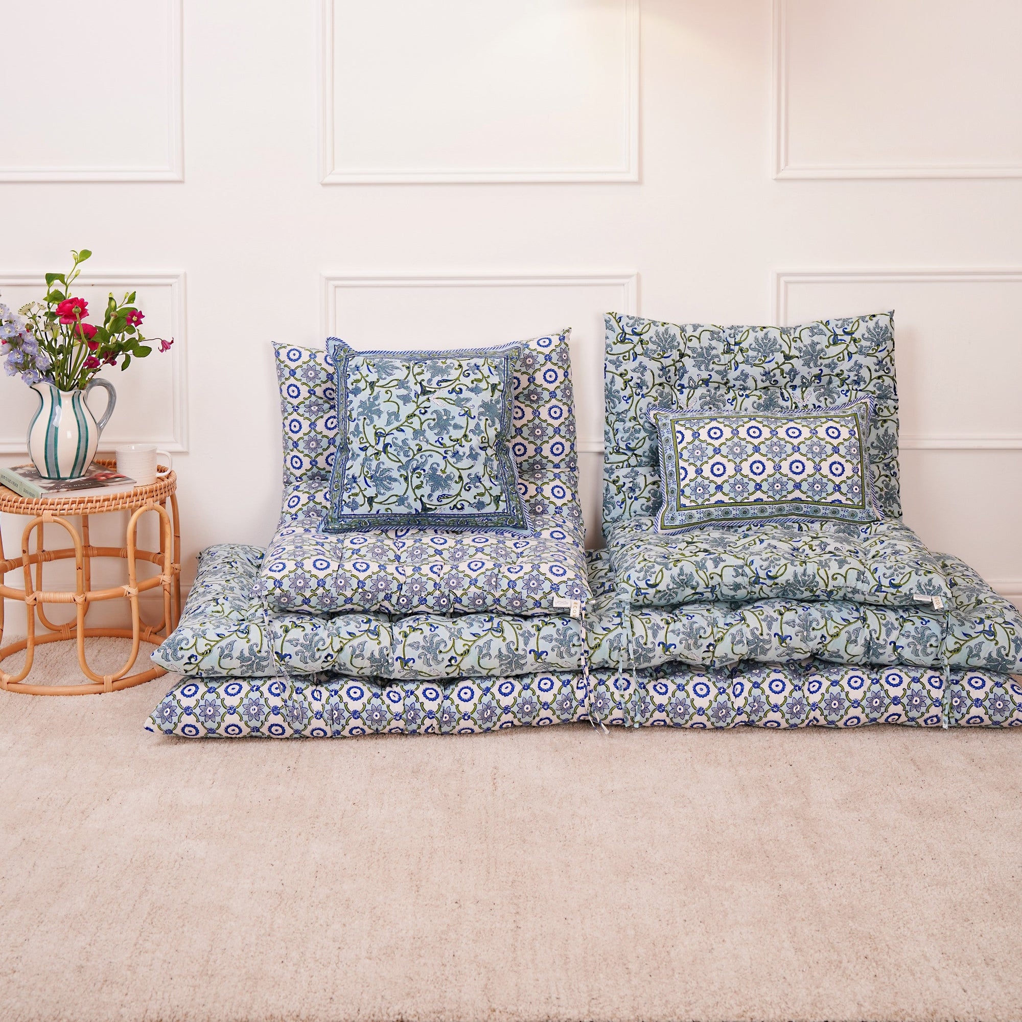 Botanical Jheel and geometric block printed cushions and mattresses