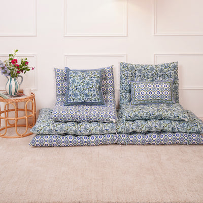 Botanical Jheel and geometric block printed cushions and mattresses