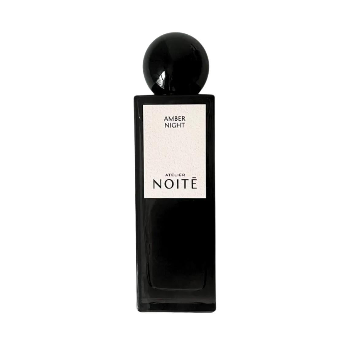 Black perfume bottle labeled 'Atelier Noite' on a white background