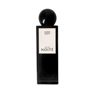 Black perfume bottle labeled 'Atelier Noite' on a white background