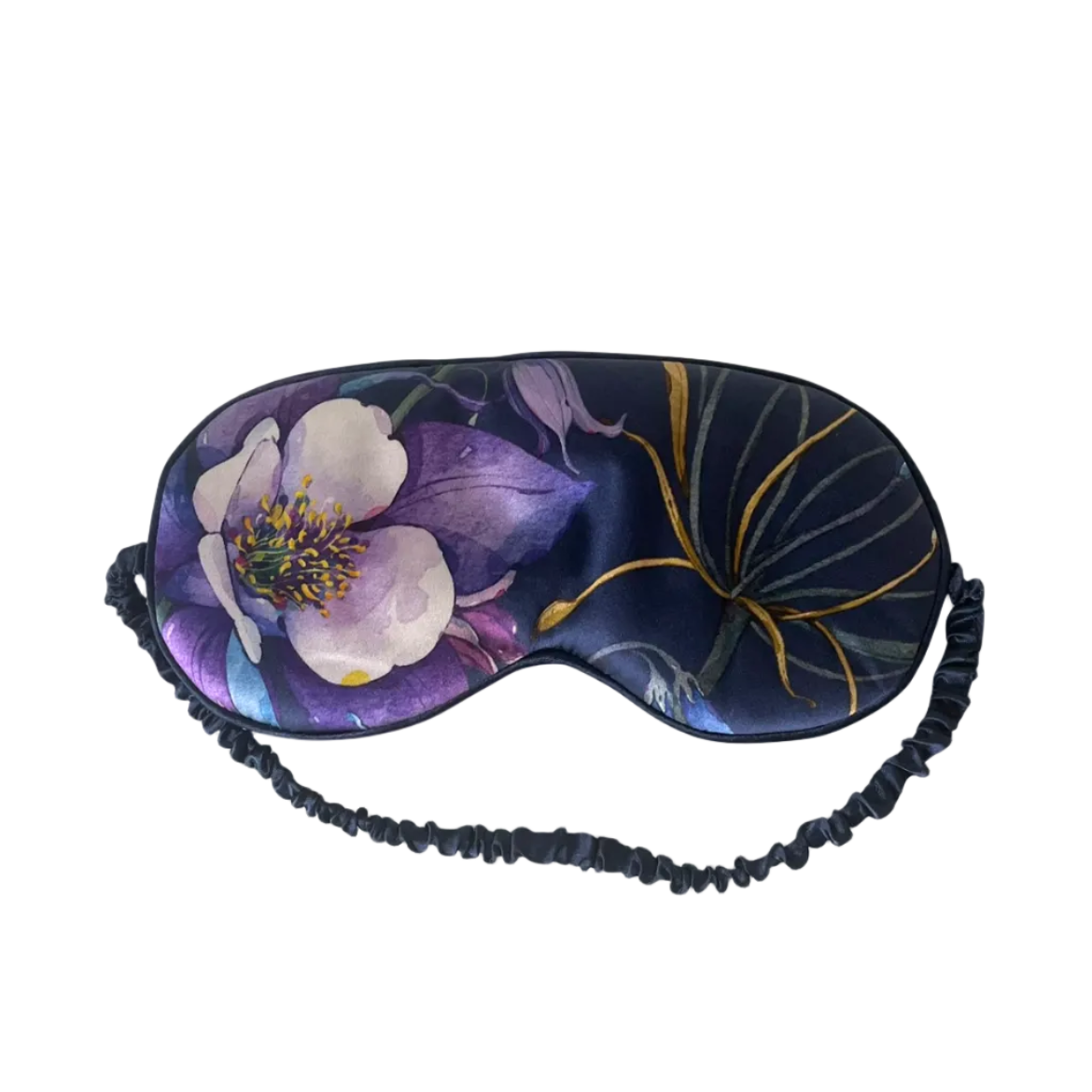 Floral patterned eye mask with black straps on a white background