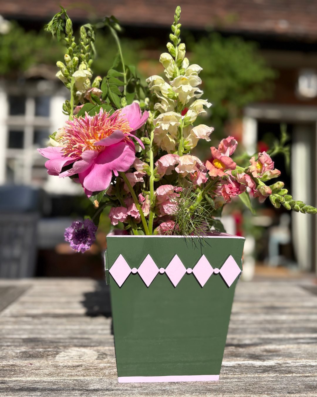 Dark Green Diamond Style Planter with Pink Edge