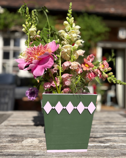 Dark Green Diamond Style Planter with Pink Edge