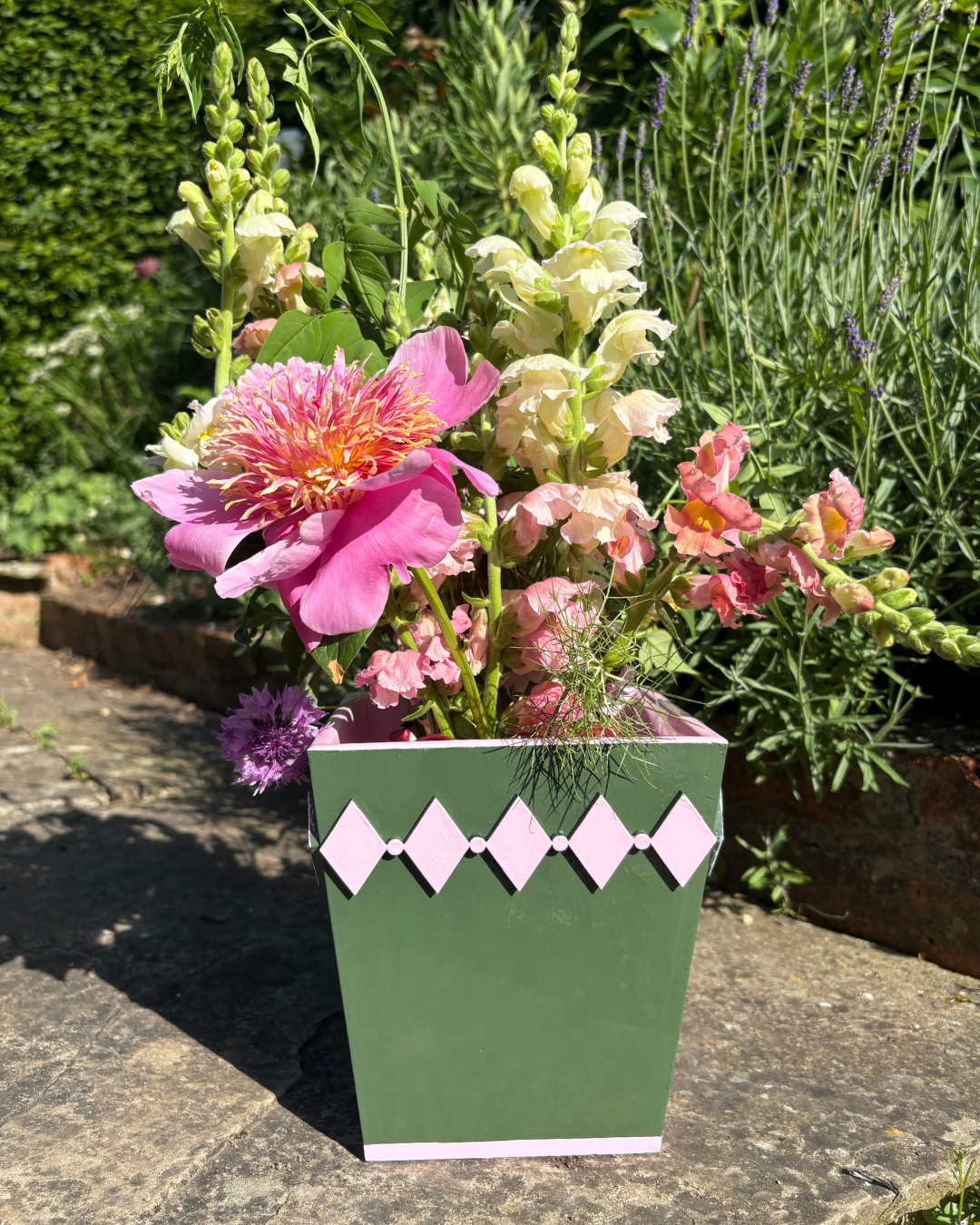 Dark Green Diamond Style Planter with Pink Edge