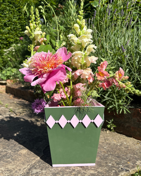 Dark Green Diamond Style Planter with Pink Edge