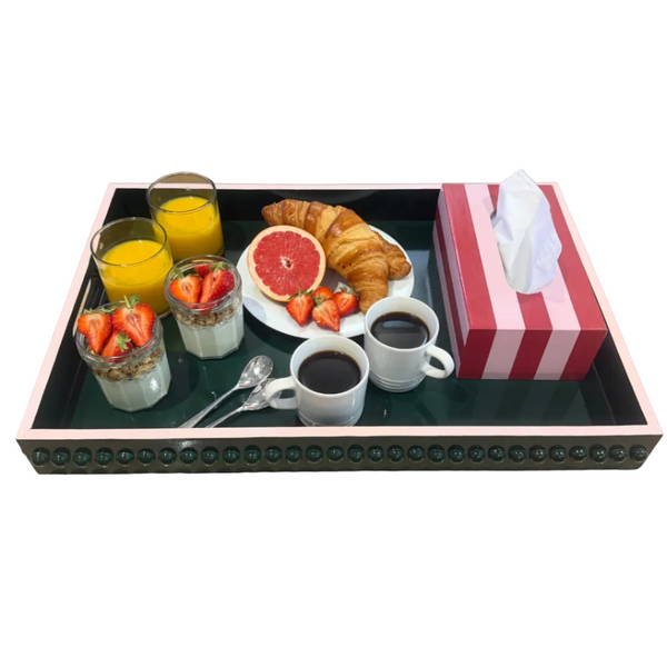 British Racing Green Bobbin Lacquer Tray with Blush Pink Edge