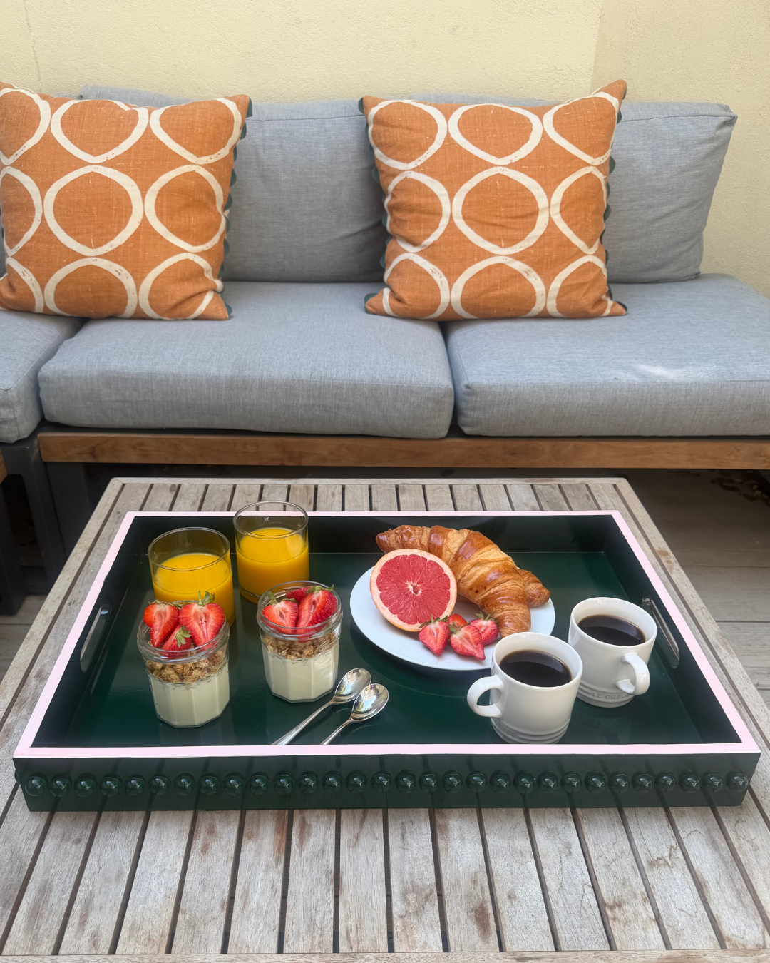 British Racing Green Bobbin Lacquer Tray with Blush Pink Edge