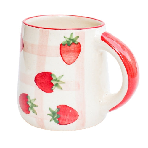 Strawberry Checkered Delight Ceramic Mug 3.5x3 Inches Set of 4 - Casa Amarosa