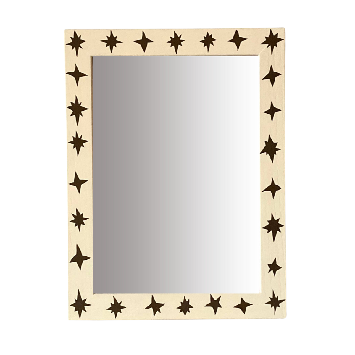 Mirror with star-shaped cutouts on a beige frame against a white background