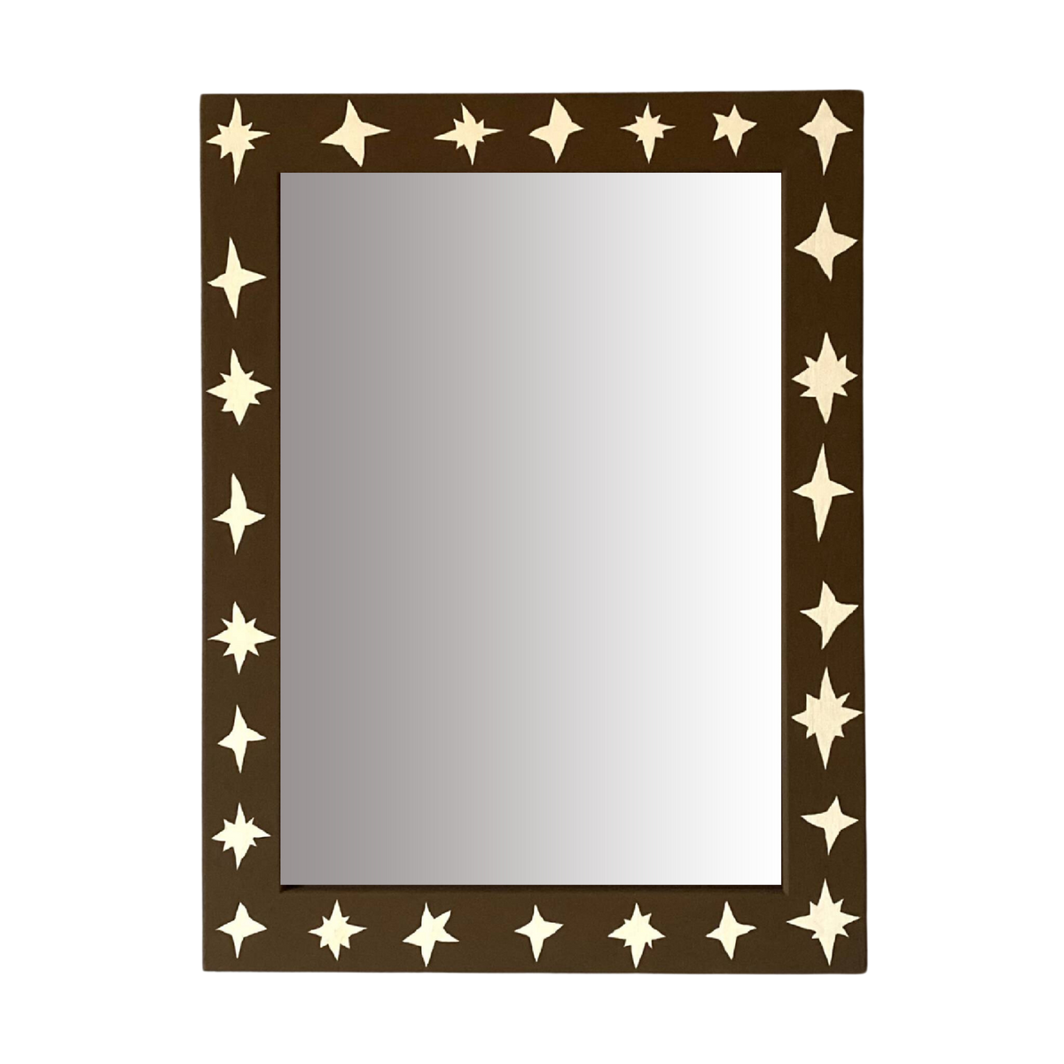 Rectangular mirror with star-shaped cutouts on a brown frame against a white background