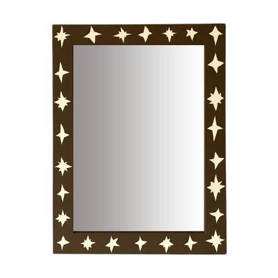 Rectangular mirror with star-shaped cutouts on a brown frame against a white background