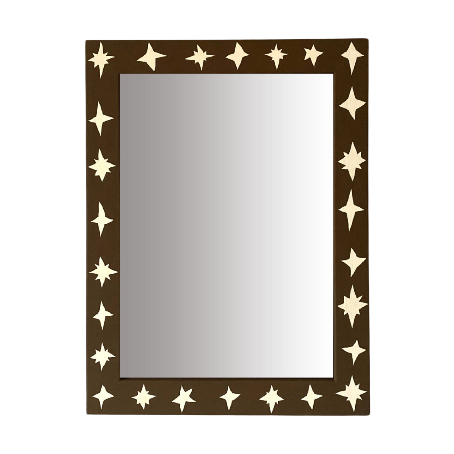 Rectangular mirror with star-shaped cutouts on a brown frame against a white background