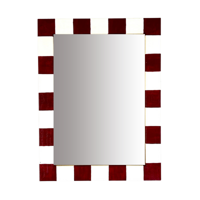 Rectangular mirror with a red border on a white background