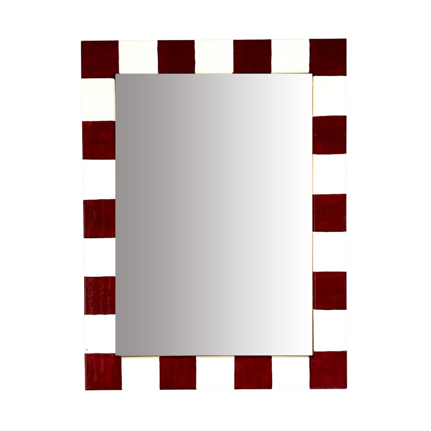 Rectangular mirror with a red border on a white background