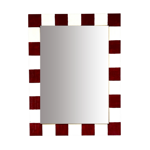 Rectangular mirror with a red border on a white background