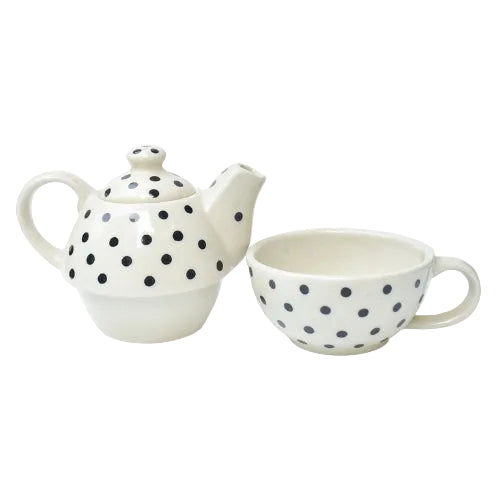 Polka Dot Ceramic Tea Pot and Cup Set 7.5x2.5 Inches - Casa Amarosa