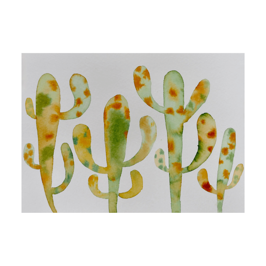 Original Cactus Watercolour Painting In Green And Yellow Shades