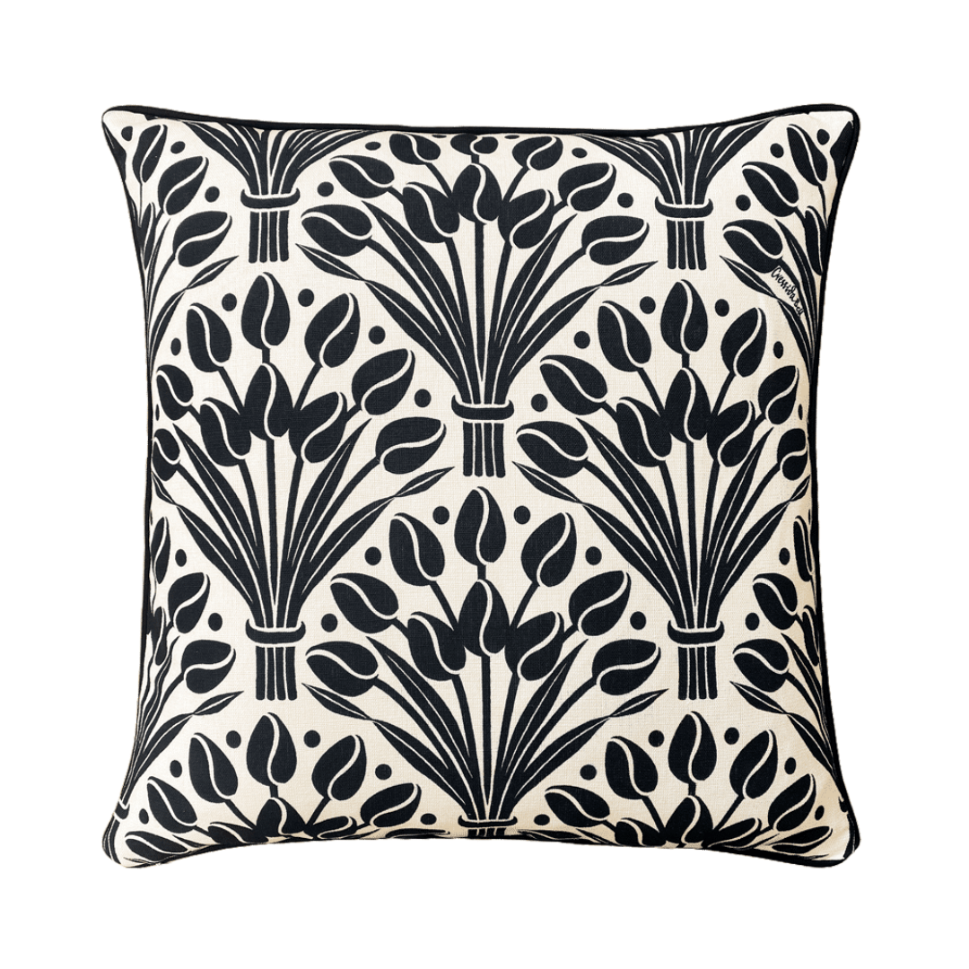 Tulips Cushion Cover with Piping - Black White