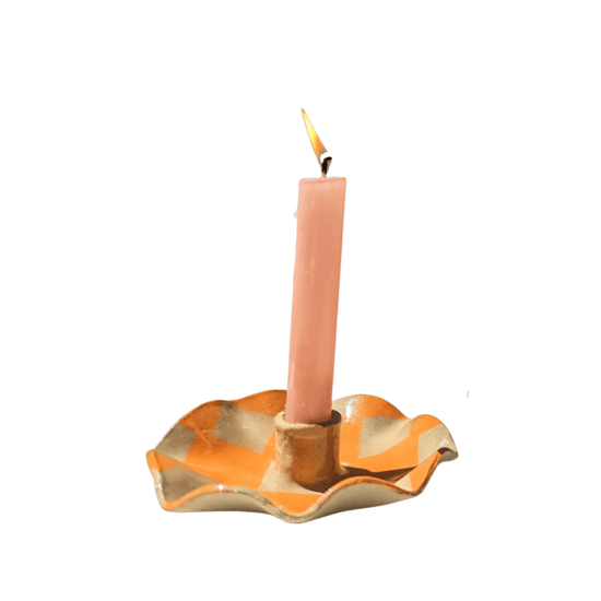 Orange Check Scalloped Candle Holders