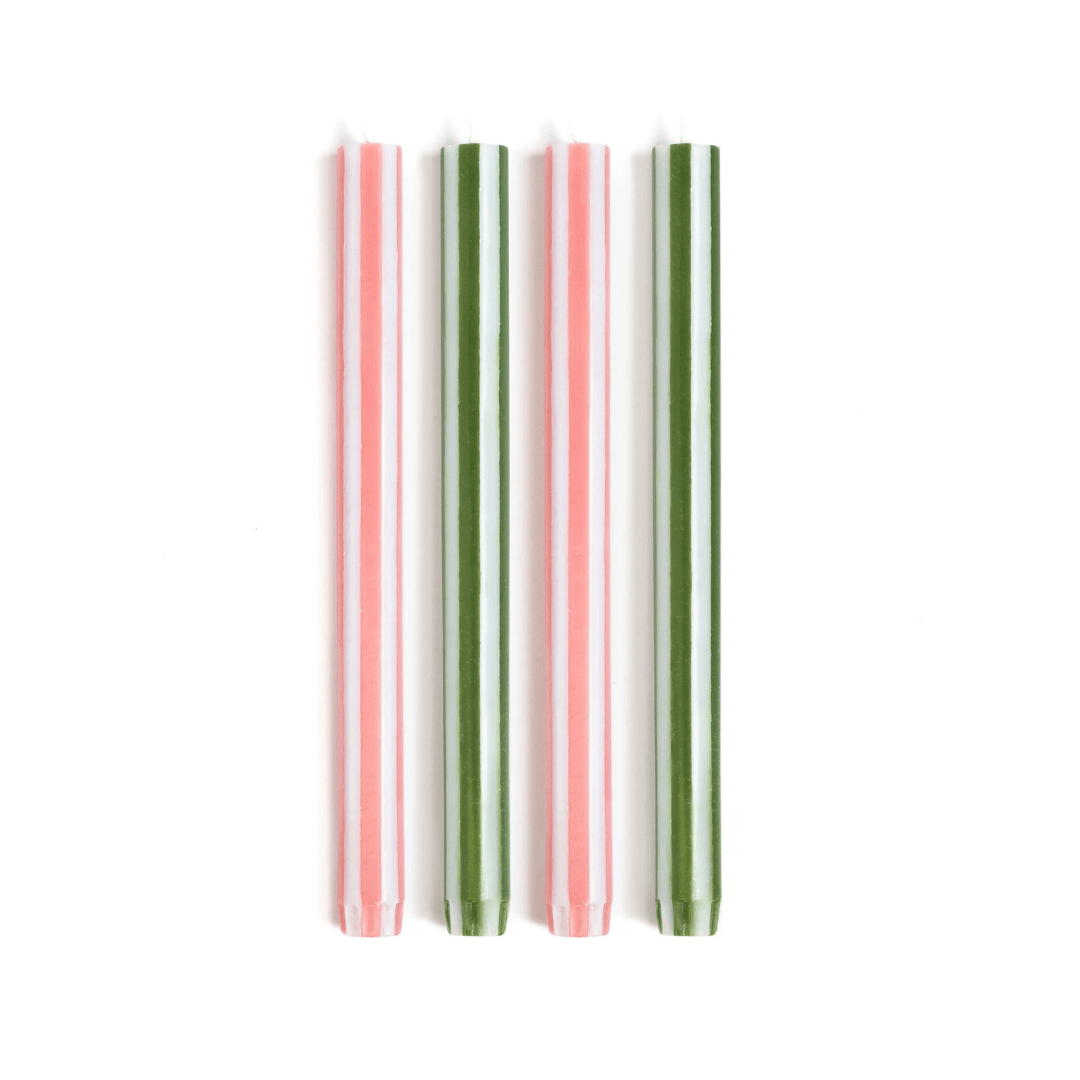 Stripe Dinner Candles - Peachy Pink / Moss Green
