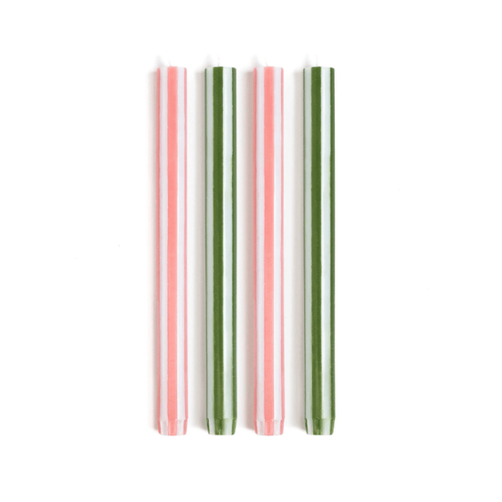 Stripe Dinner Candles - Peachy Pink / Moss Green