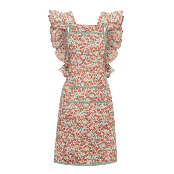 Full Frill Apron in Red and Green Printed Cotton Fabric