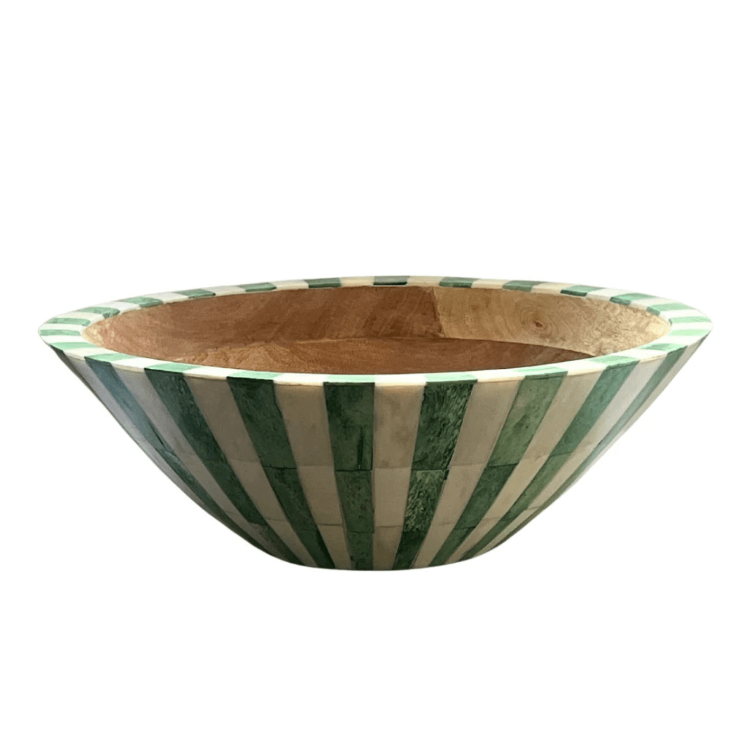 Large Bone Inlay Bowl - Green & White - Striped