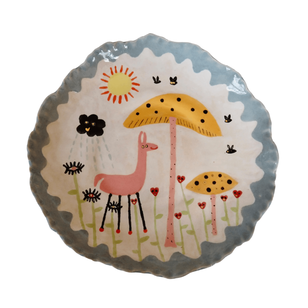 Handmade Illustrated Plate with Pink Llama, Toadstools , Hearts , Sun and Clouds
