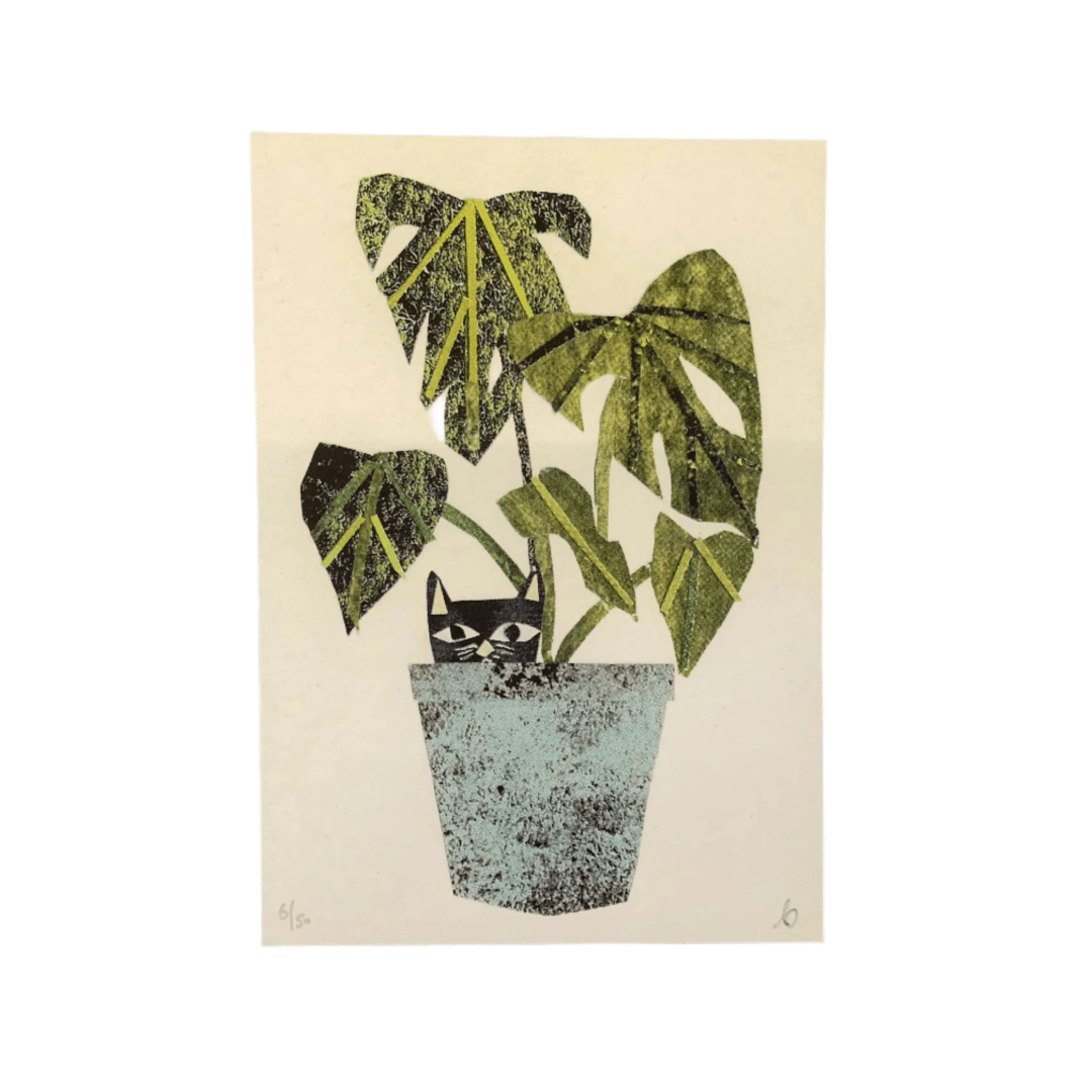 Cat in Monstera Pot Collage  A5 Digital Print