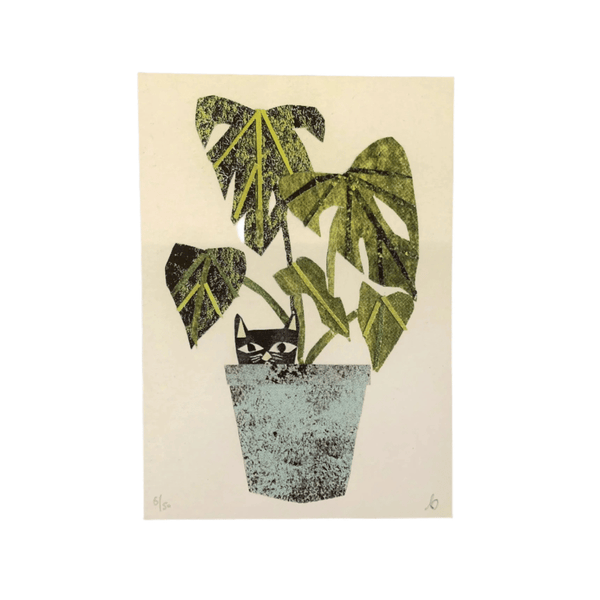 Cat in Monstera Pot Collage  A5 Digital Print