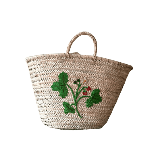 Hand Embroidered Market Basket, Wild Strawberry