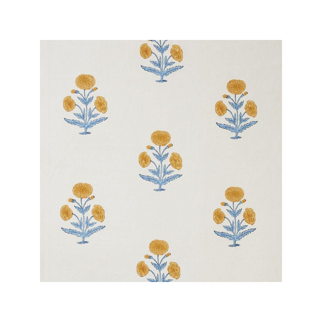 Poppy Block Printed Fabric Linen Mustard/Sky