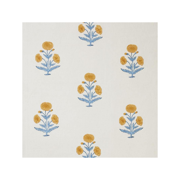 Poppy Block Printed Fabric Linen Mustard/Sky