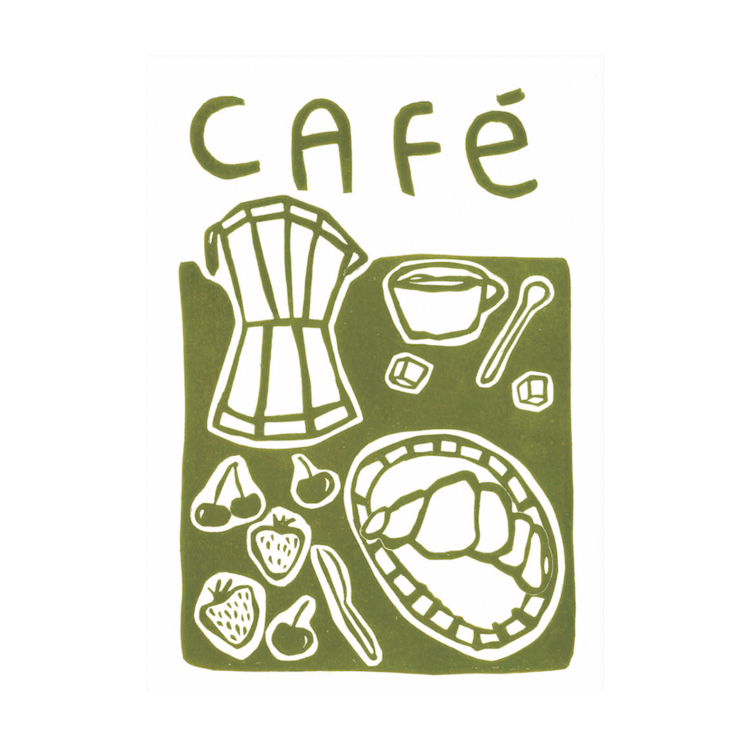 Green Cafe Linocut Print