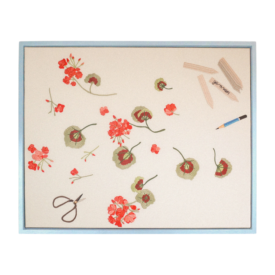 Geranium Cuttings Framed Embroidered Canvas
