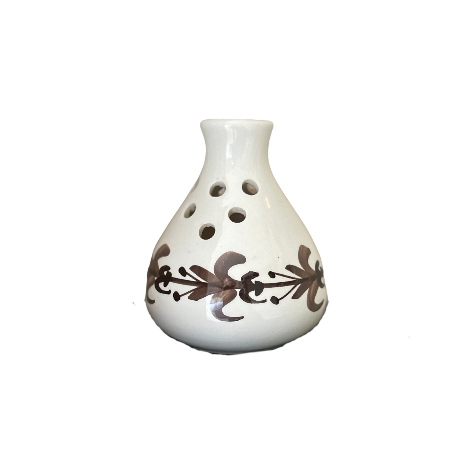 White Ceramic Ikenbana Style Vase with Brown Hand Painted Detailing