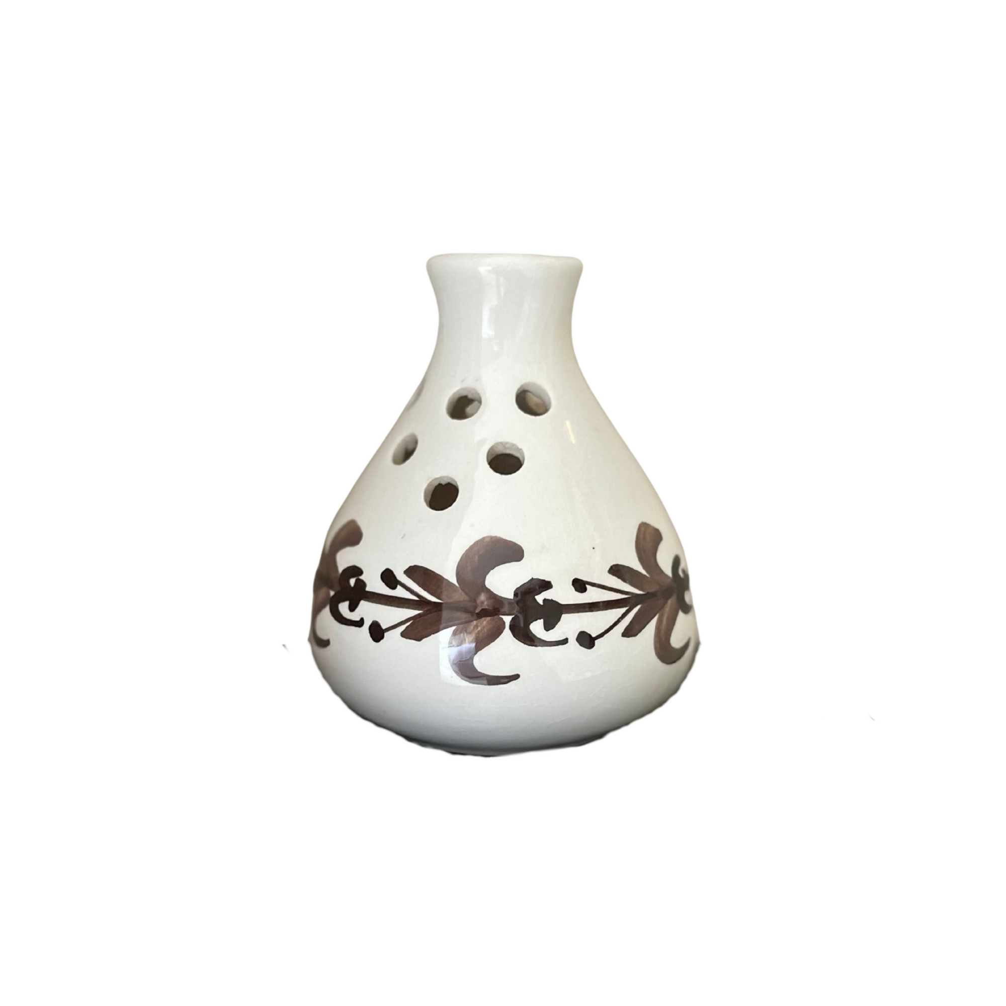 White Ceramic Ikenbana Style Vase with Brown Hand Painted Detailing