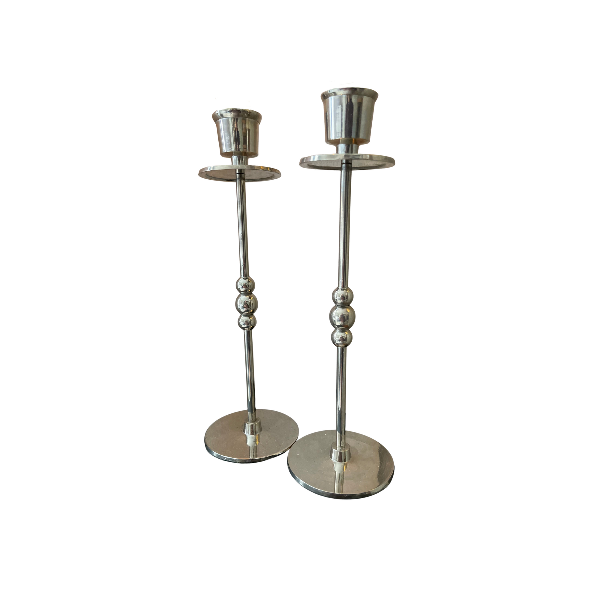A Pair of Chrome Plated Candlesticks with Beads
