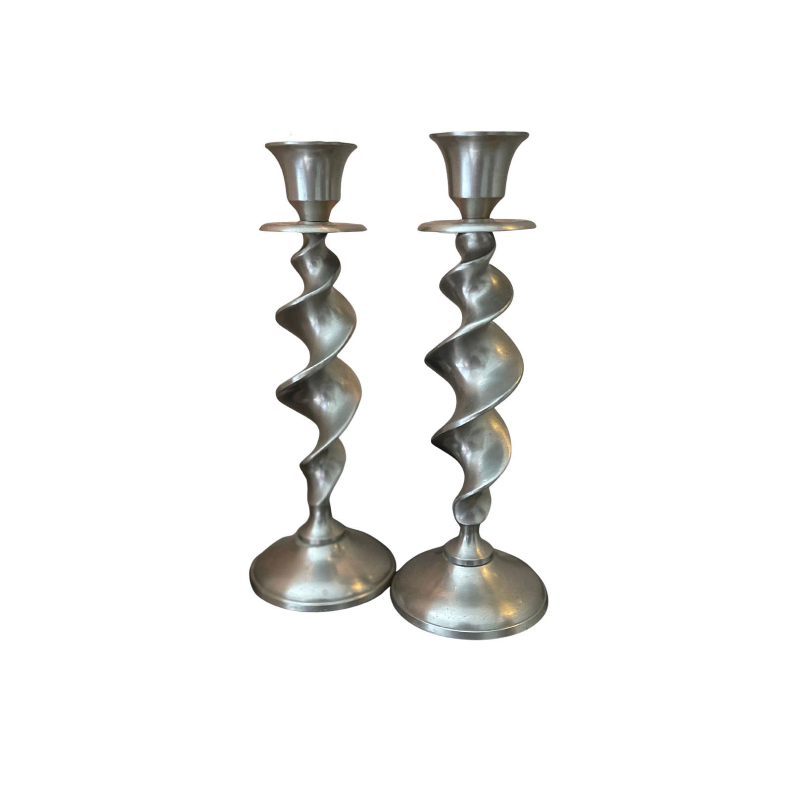A Pair of Twisted Silvertone Candlesticks