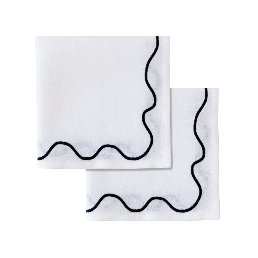 Wavy Linen Napkins White/Black - Set of 2