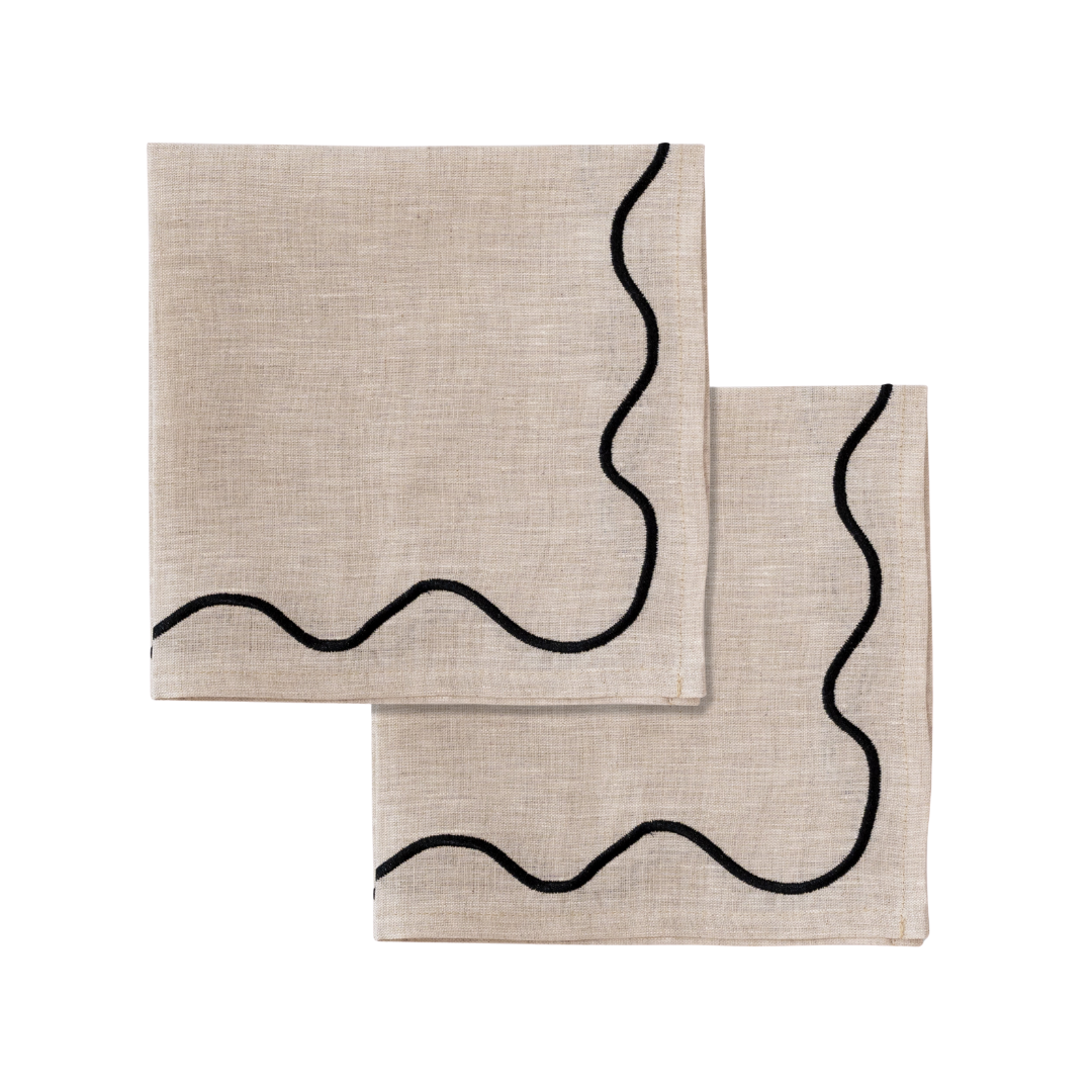 Wavy Linen Napkins Beige/Black - Set of 2
