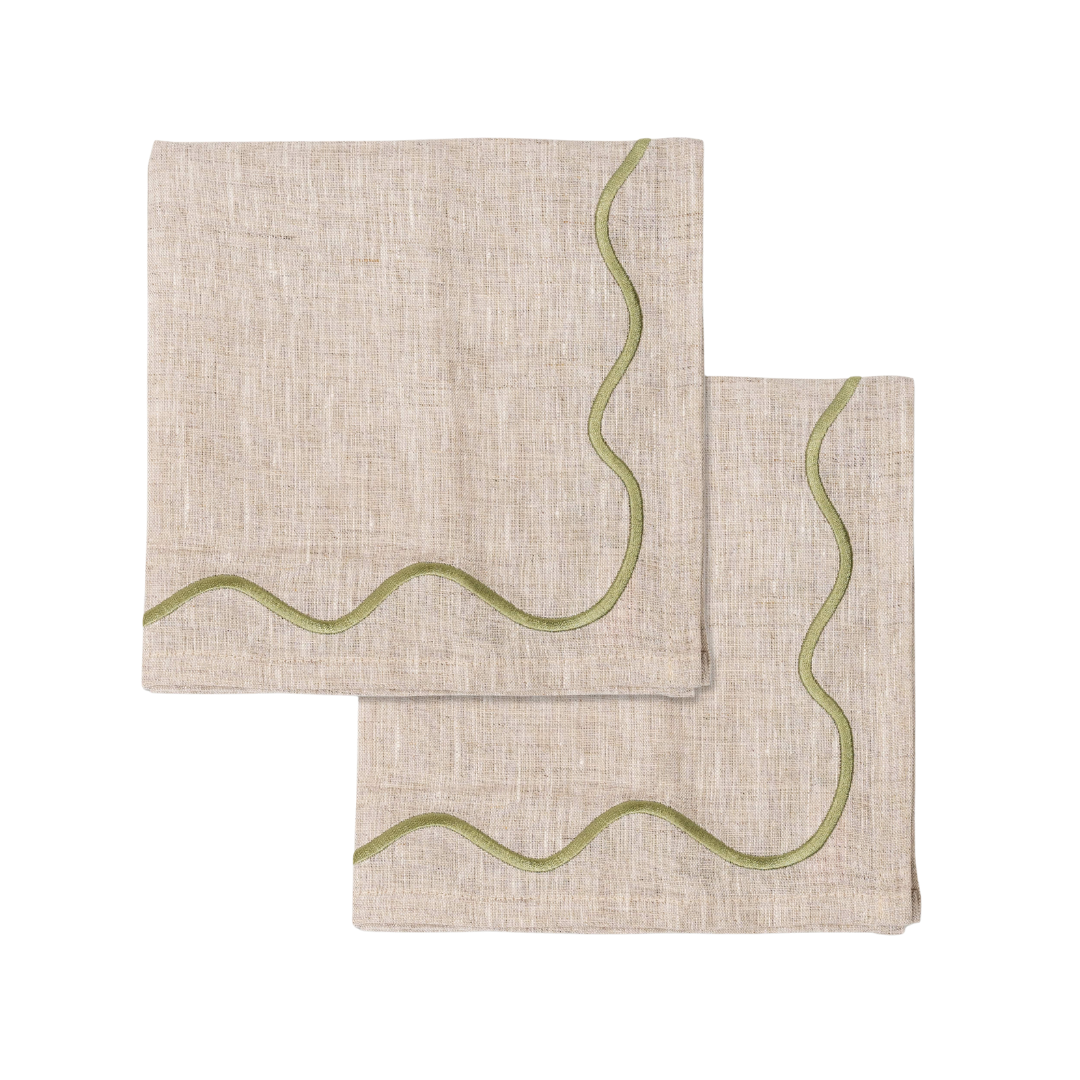 Wavy Linen Napkins Beige/Sage - Set of 2