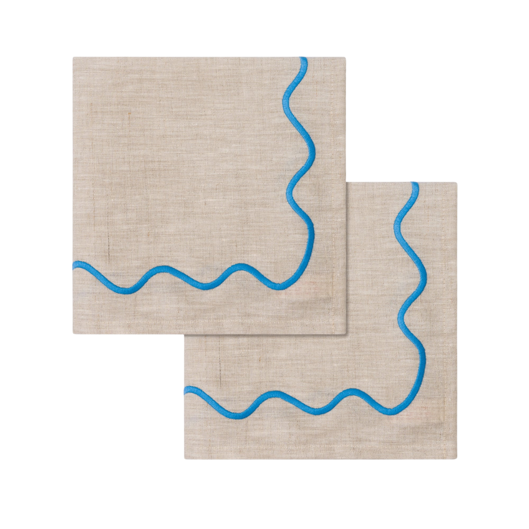 Wavy Linen Napkins Beige/Blue - Set of 2