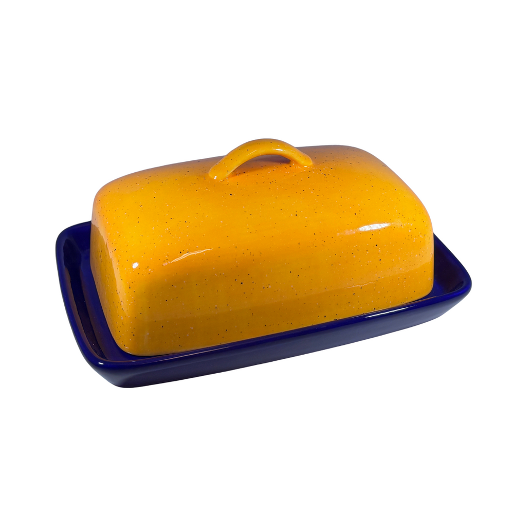 Royal Blue Butter Dish with Yellow Lid and Handle