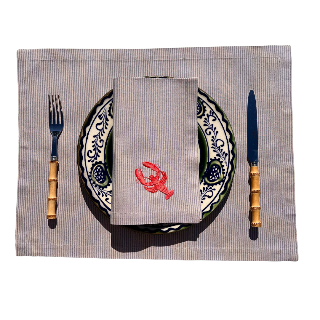The ’Le Homard’ Napkin & Placemat Set - Grey & Ecru Stripe