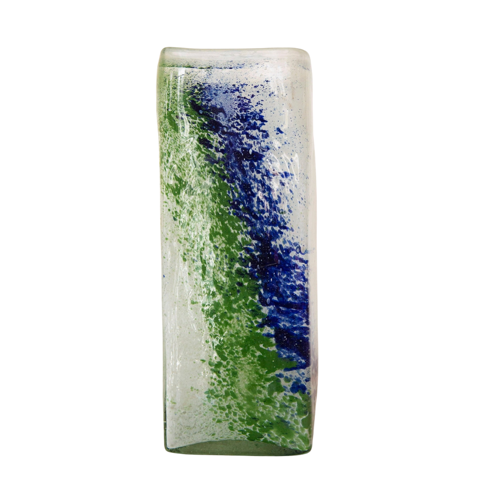 Blown Glass Tall Rectangular Vase, Green and Blue, Large