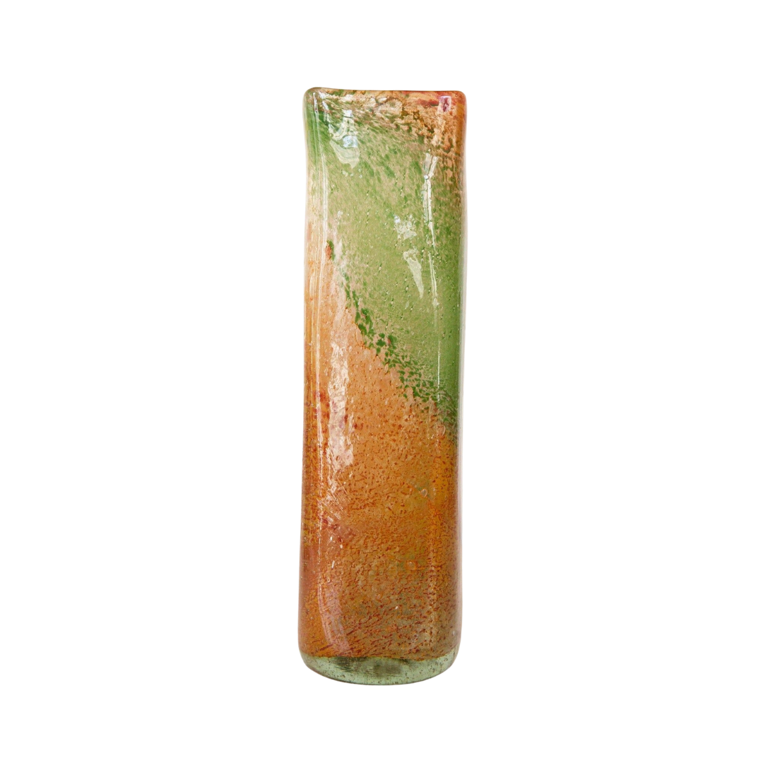 Blown Glass Tall Rectangular Vase, Amber and Green