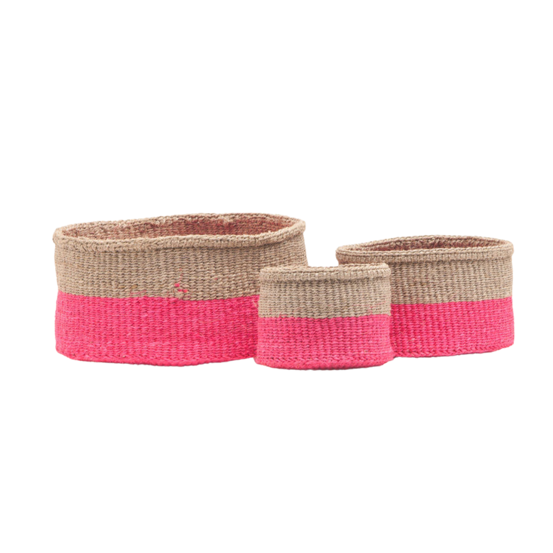 MALIZA: Grey & Neon Pink Colour Block Woven Basket