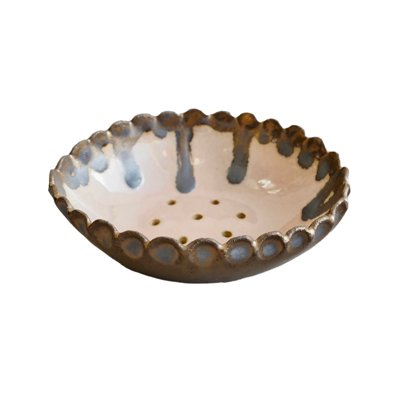 Handmade Pink and Gold Oval Ceramic Soap Dish with Scalloped Top Edge